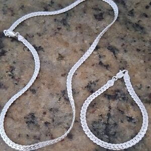 Sterling Silver Rope Necklace and Bracelet Set - White Silver Tone